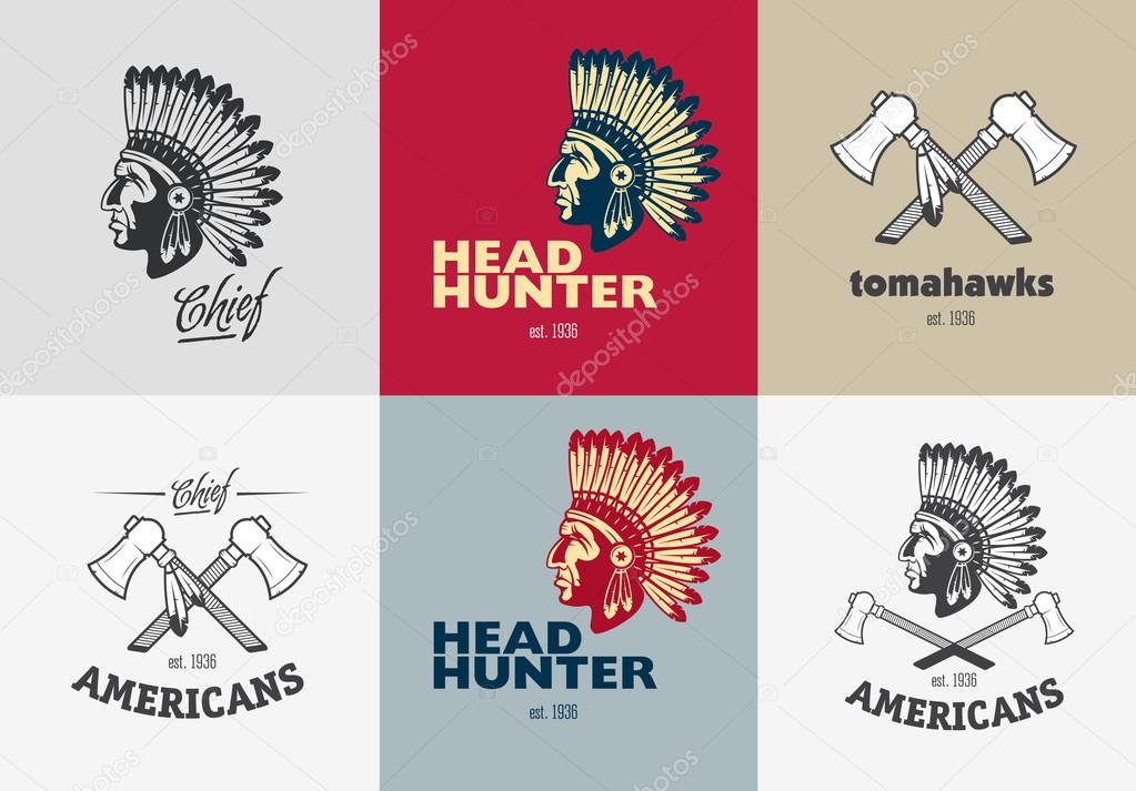 Set of american indian emblems, labels, badges, logos