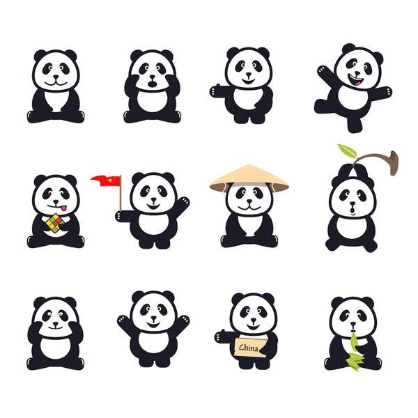 Conjunto de pandas de dibujos animados divertidos lindo — Vector de stock