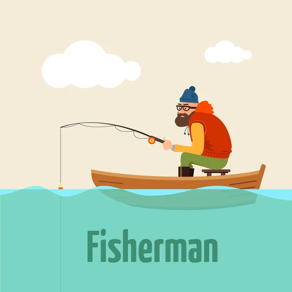 Pesca en el barco. Ilustración vectorial del pescador . — Vector de stock