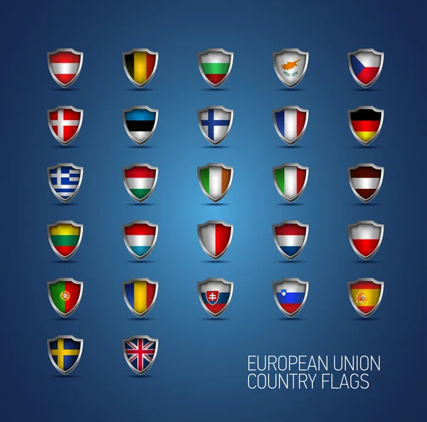 A União Europeia enuncia bandeiras completas. Escudos do país vetorial —  Vetores de Stock