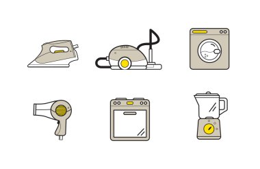 Ev aletleri, yemek pişirmek ve temizlik için ev aygıtları satır simgeler. Modern Infographic vektör logo piktogram koleksiyonu kavramı.