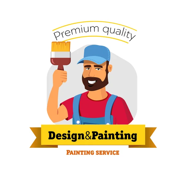 Smiling painter is holding brush. Painting service - vector logo badge concept. — Stock Vector