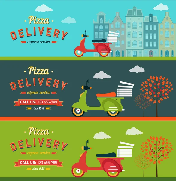 Швидка доставка їжі та піци горизонтальні банери встановлюють плоскі ізольовані Векторні ілюстрації — стоковий вектор