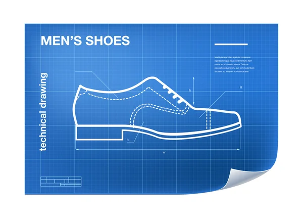 Technical wireframe Illustration with mens shoe drawing on the blueprint — Stock Vector