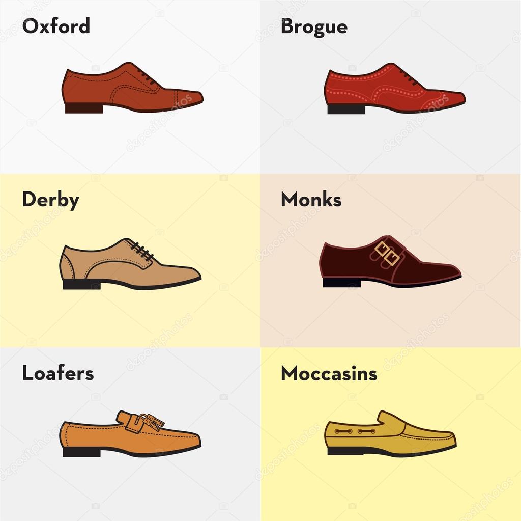 Vector graphic set icons of flat classical mens shoes. Infographic illustration of oxfords, brogues, derby, monks, loafers, moccasins. Logo elements for fashion industry.