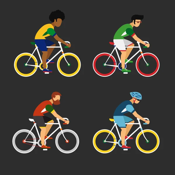 Ciclismo deporte bicicleta hombres iconos conjunto, ciclistas de carretera de diferentes países plana vector ilustración . — Vector de stock