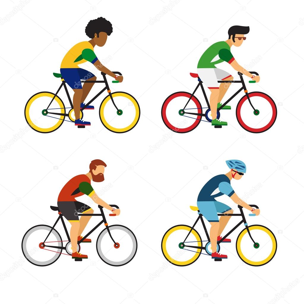 Cycling sport bicycle men icons set, road bike riders from different countries flat vector illustration.