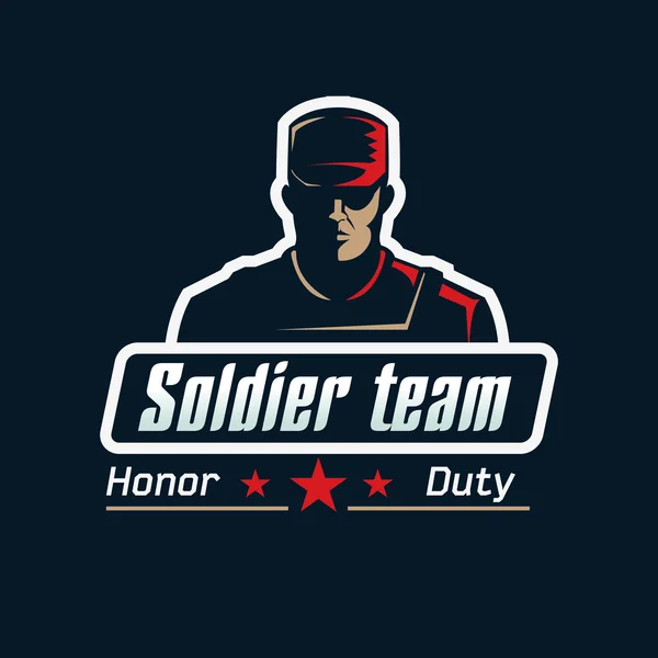 Asker takım logo şablonu. Kurşun geçirmez yelek ve kap koyu arka plan üzerinde ciddi adam.