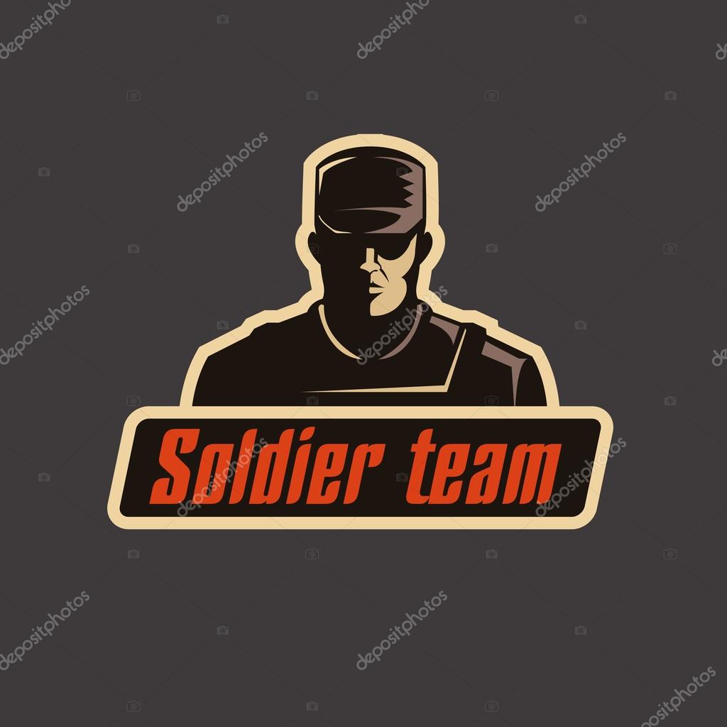 Soldier team logo template. Serious man in bulletproof vest and cap.