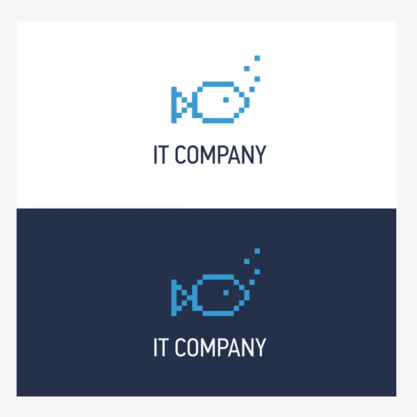 Modelo de design de logotipo de peixe Pixel com estilo quadrado. Conceito de crachá de empresa de TI —  Vetores de Stock