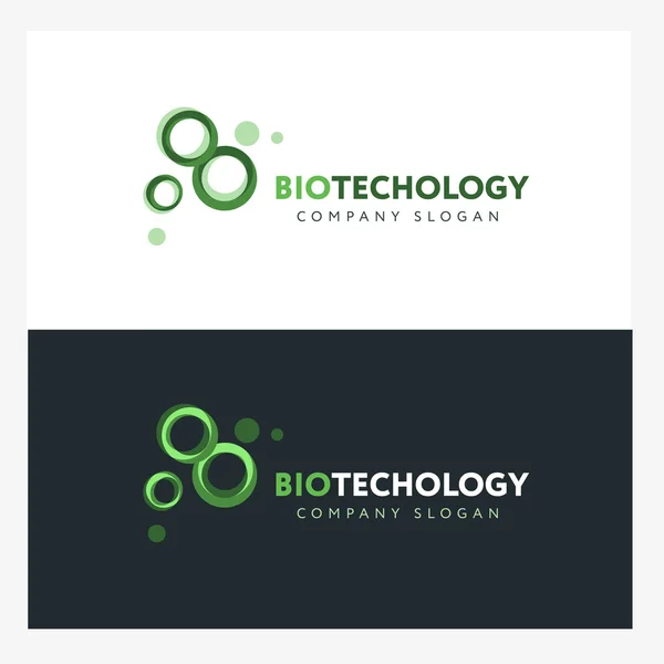 Modèle de conception de logo de biotechnologie avec des cellules vertes abstraites. Concept de badge d'entreprise scientifique — Image vectorielle