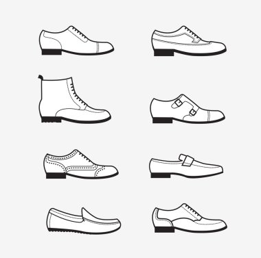 Vector graphic set icons of flat classical men's shoes.