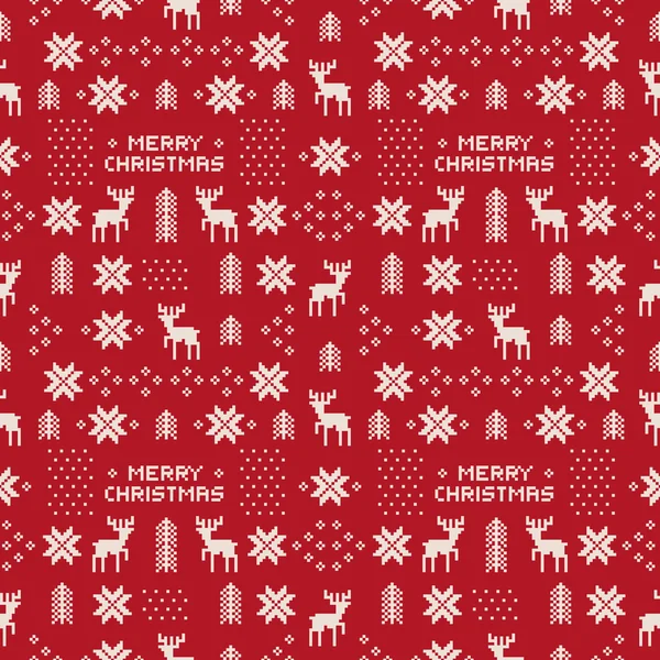 Naadloze retro rode Kerst patroon met herten, bomen en sneeuwvlokken — Stockvector