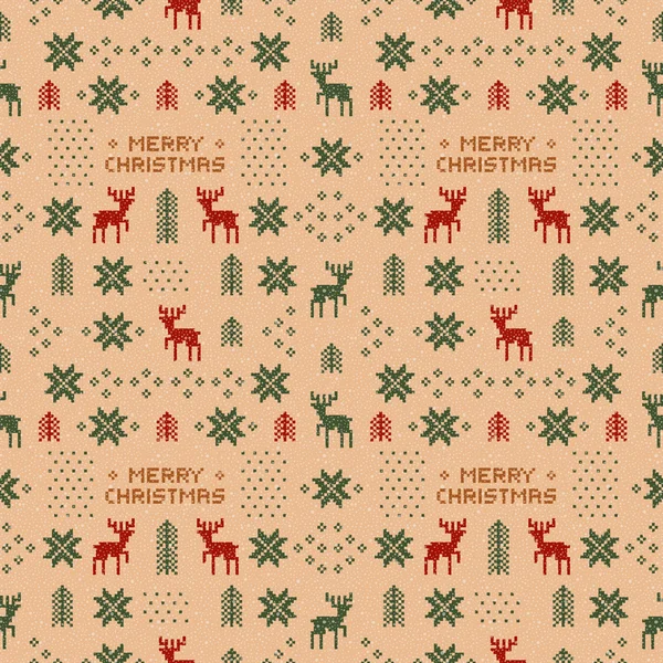 Seamless brown retro christmas pattern with deers, trees and snowflakes. — Stock Vector