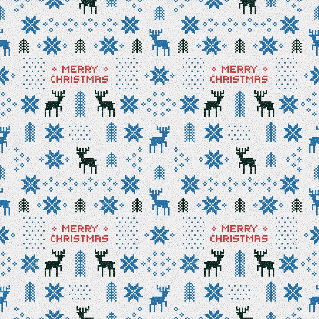 seamless retro blue christmas pattern with deers, trees and snowflakes