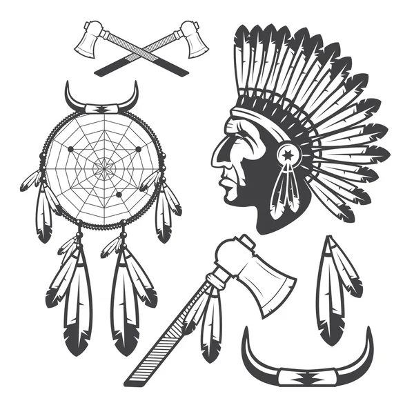 Iconos y elementos de American Indian Clipart, aislados sobre fondo blanco — Vector de stock