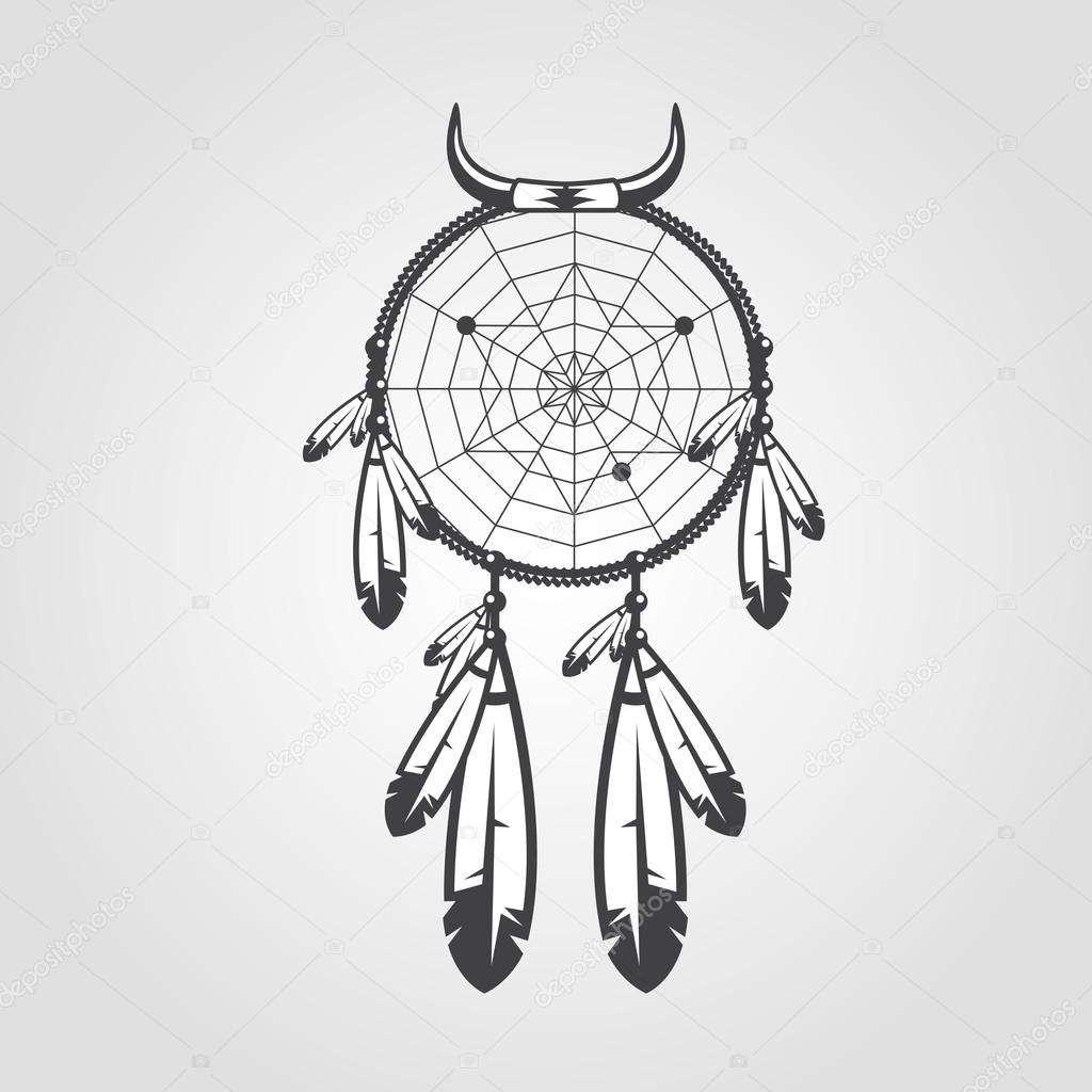 Indian Dream catcher isolated on white background. Vector illustration for your artwork, tattoo, posters, badges.