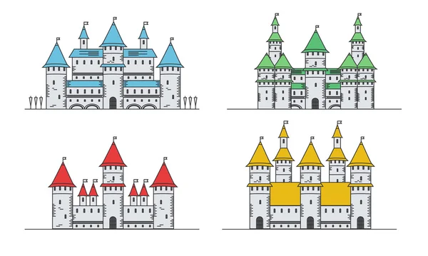 Fortaleza medieval o conjunto de castillos. Iconos de estilo plano . — Vector de stock