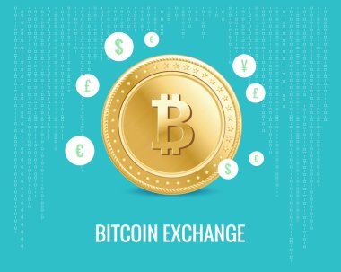 bitcoin Satım illüstrasyon dijital mavi arka plan üzerinde para birimi simgeleri ile.