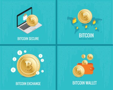 bitcoin şekilde ayarla - sikkeler, cüzdan, güvenli ve simgeler dijital mavi zemin üzerine Döviz.