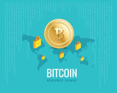 bitcoin dünya çapında ödeme illüstrasyon ile dünya harita ve kilit kutsal kişilerin resmi dijital mavi zemin üzerine.