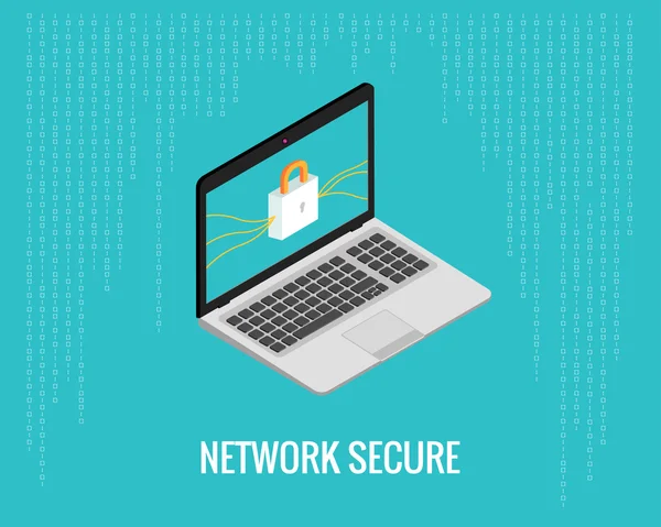 Ilustrasi keamanan jaringan dengan laptop dan ikon kunci pada latar belakang biru digital. Pandangan Isometrik - Stok Vektor