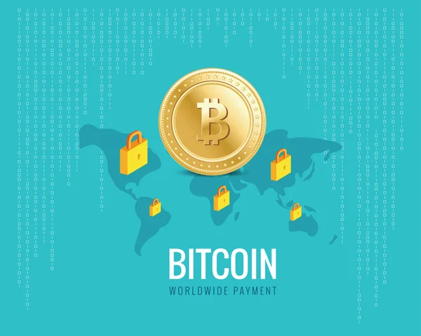 Bitcoin ilustração de pagamento em todo o mundo com o mapa do mundo e ícones de bloqueio no fundo azul digital . — Vetor de Stock