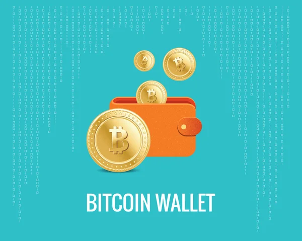 Bitcoin carteira ilustração com ícones de moeda no fundo azul digital . — Vetor de Stock