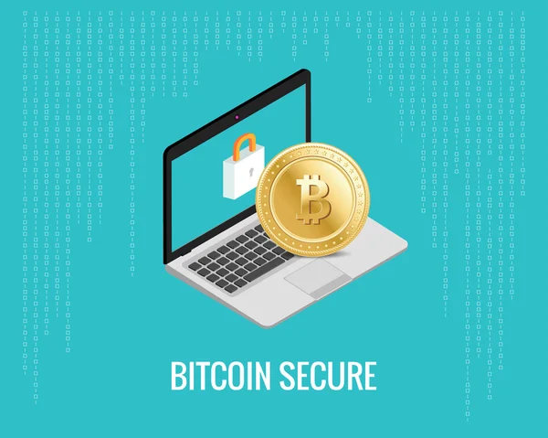 Bitcoin secure illustration with laptop and lock icon on the digital blue background. Isometric view. — Stock Vector