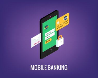 mobil bankacılık kullanıcı arabirimiyle vektör Illustration. Telefon, kilit ve kredi kartı