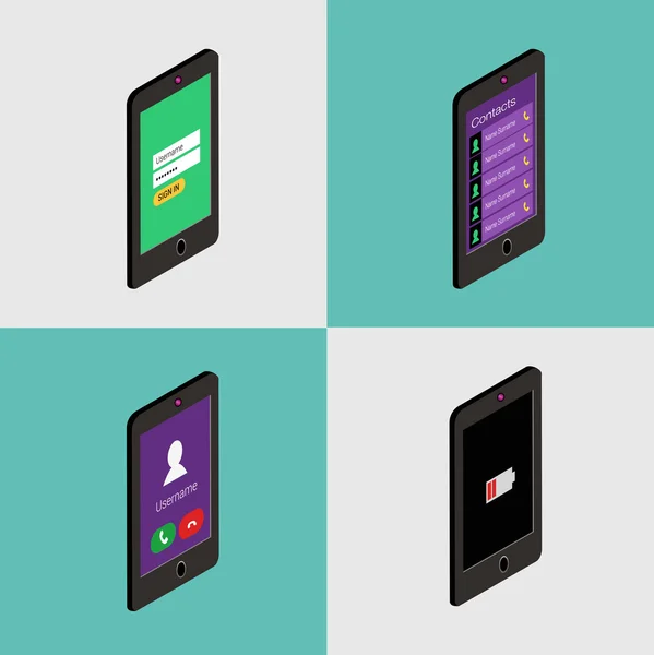 Icono isométrico conjunto de teléfonos móviles en estilo plano. Concepto de interfaz de usuario . — Archivo Imágenes Vectoriales