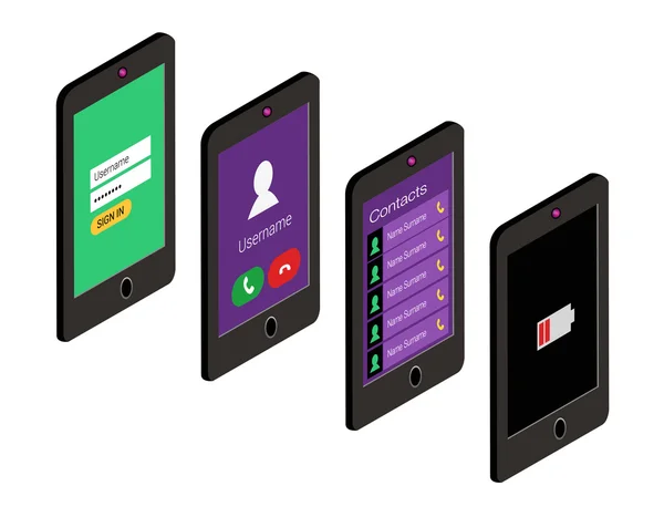 Icono isométrico conjunto de teléfonos móviles en estilo plano. Concepto de interfaz de usuario — Vector de stock