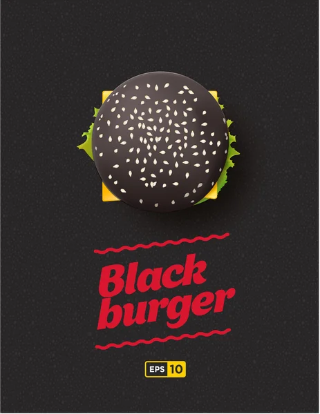 Top view illustration of black cheesburger on the dark background — Stock Vector