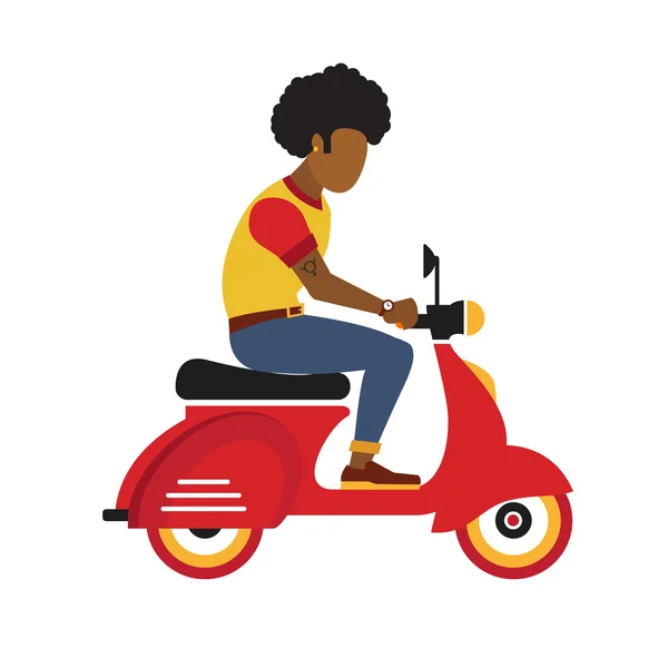 Hipster zwarte jongeman rijdt een motorfiets. Vlakke stijl illustratie — Stockvector