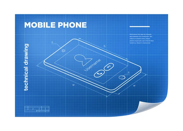 Műszaki illusztráció támaszkodva a blueprint mobiltelefon — Stock Vector