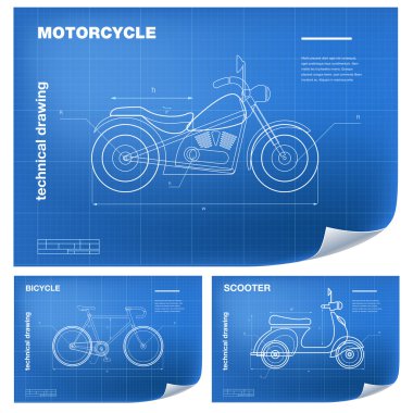 Teknik Tel kafes illüstrasyonlar motosiklet, Bisiklet ve scooter üzerinde planı çizim
