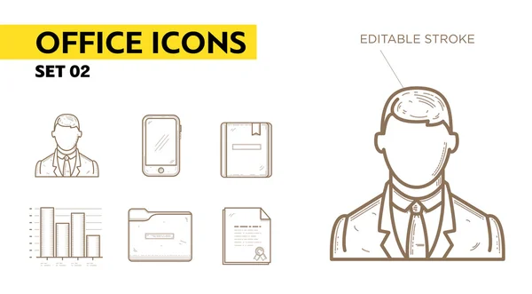 Iconos de línea con elementos de diseño plano de electrodomésticos de oficina: hombre de negocios, teléfono, diploma, carpeta, libro y gráfico. Infografía moderna vector logotipo pictograma concepto de colección — Archivo Imágenes Vectoriales