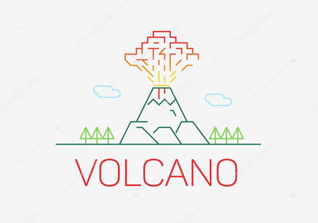 Volcano exploding thin line icon flat design logo elements.