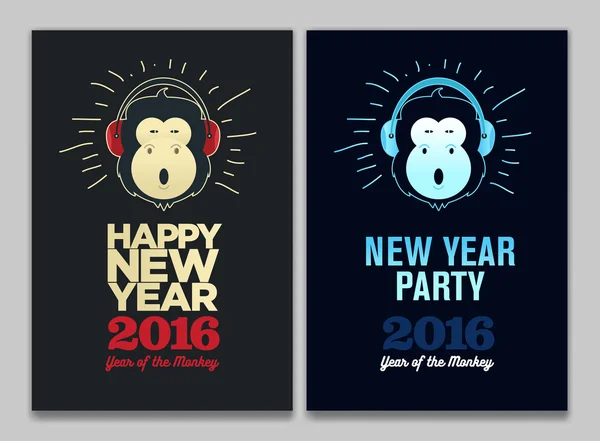 Bonne année 2016 Circulaire, bannière ou brochure. Singe drôle avec écouteurs. Modèle de célébration Eve Party . — Image vectorielle