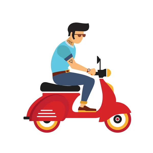 赶时髦的人戴着眼镜的年轻男子骑一辆摩托车。平面样式图 — 图库照片