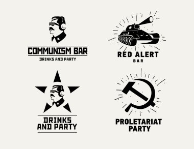 Communism style logos restaurant bar design vector template. Dictator, star and tank silhouette for night club party