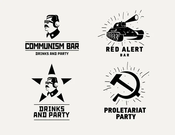 Estilo comunista logos restaurante bar diseño vector plantilla. Dictador, estrella y silueta de tanque para fiesta de club nocturno — Archivo Imágenes Vectoriales