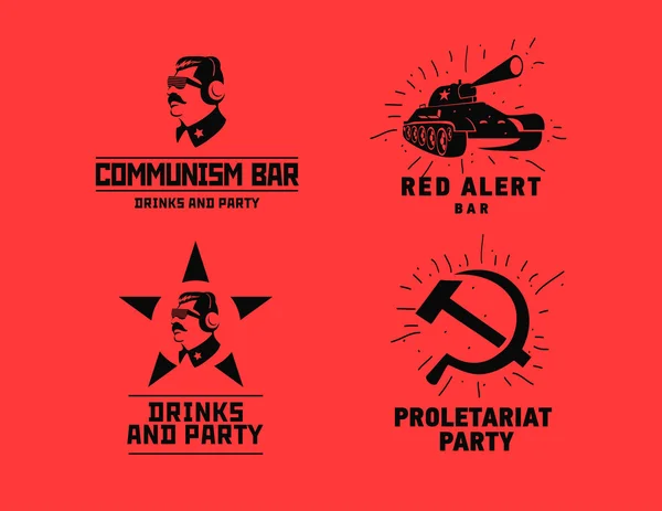 共产主义风格徽标餐馆酒吧设计矢量模板。晚上俱乐部聚会的独裁者、 星级和坦克剪影 — 图库矢量图片