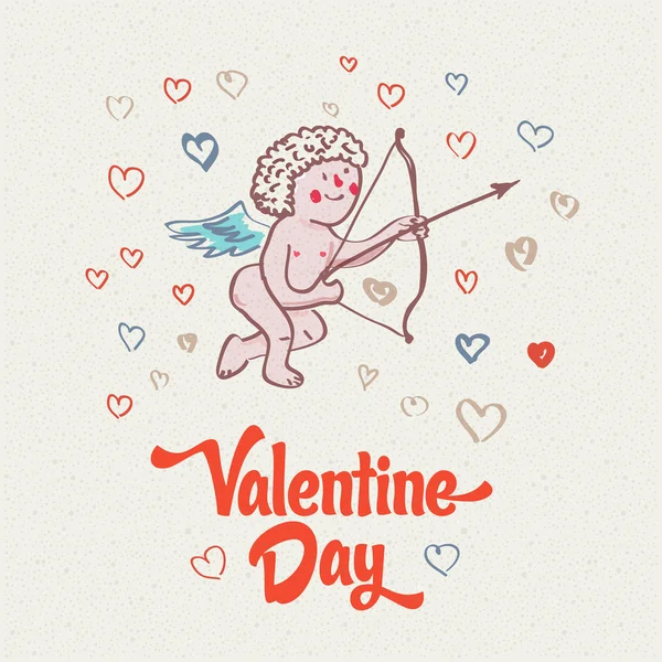 Illustrazione di Cupido sullo sfondo amore retrò per felice biglietto da visita di San Valentino — Vettoriale Stock