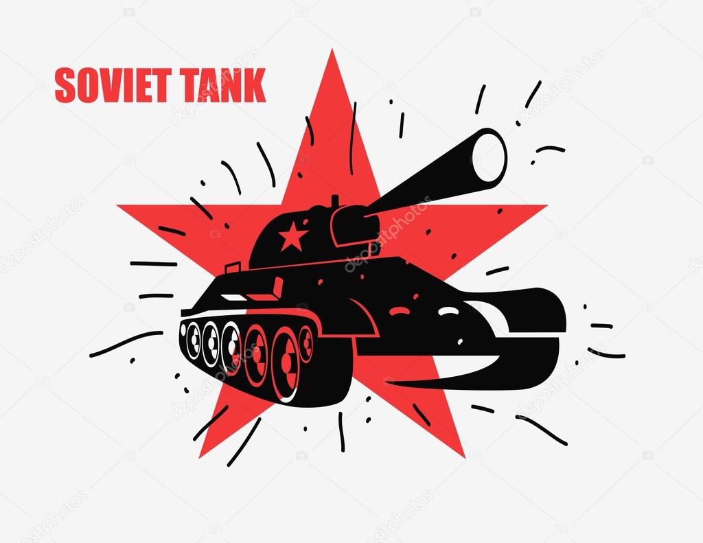 Vector silhouette of the Soviet tank against red star. Vector hand drawn image
