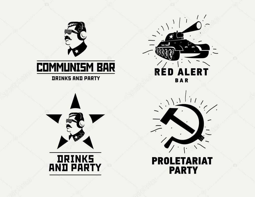 Communism style logos restaurant bar design vector template. Dictator, star and tank silhouette for night club party.
