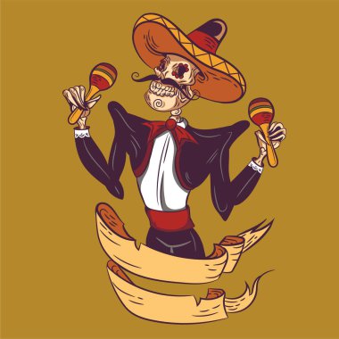 Web Meksikalı vurmalı çalgıcı. Şeker kafa. Renk çizimi. Vektör grafikleri. Şekillendirme. Ölülerin günü.