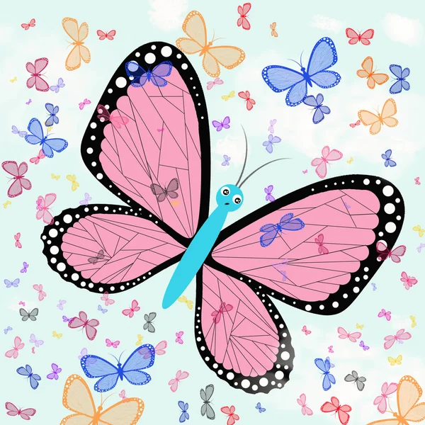 Butterflies against a blue sky. Imitation of children's drawings — Stock Photo, Image