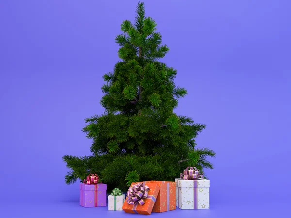 형형색색의 선물 상자가 있는 아름다운 높은 크리스마스 트리 — 스톡 사진