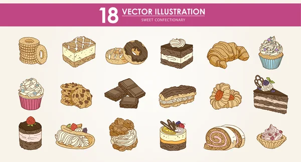 Продукты питания - набор векторных иллюстраций ручной работы - Объем сладких пирожных. 2 — стоковый вектор